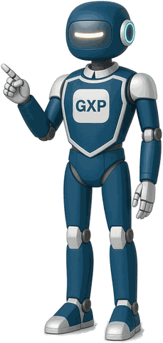 GXP, the friendly robot guide for this site, pointing up to share a tip